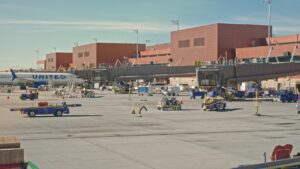 Exterior of SLC airport with planes.